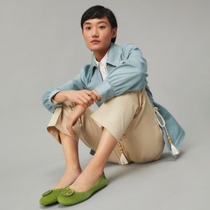 New Tory Burch Minnie Suede Travel Ballet Flat, Green